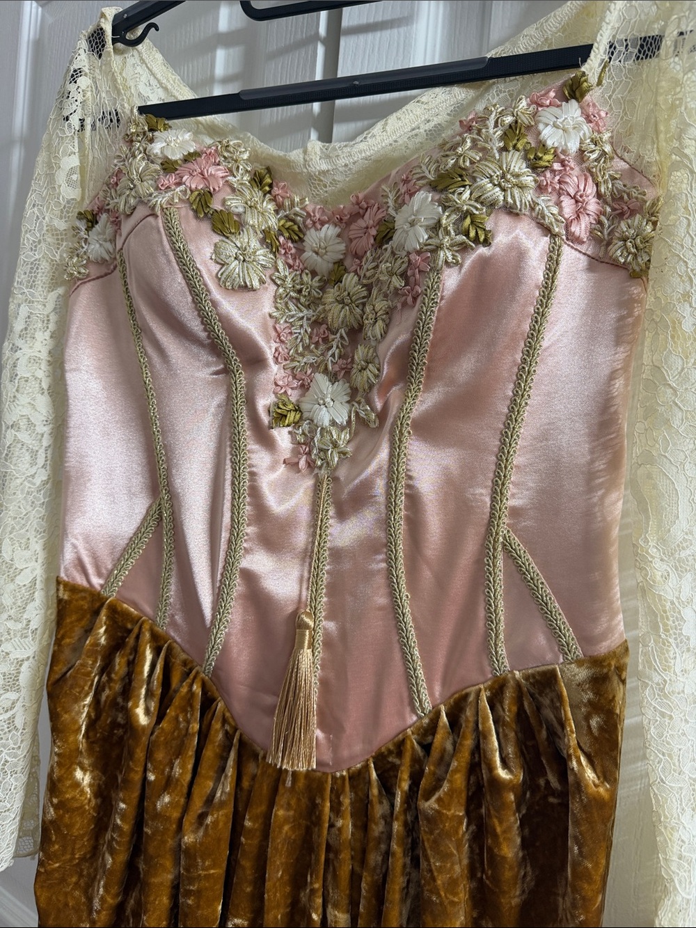 Lux Satin and Velvet Embroidered Chemise in Blush Pink and Brown